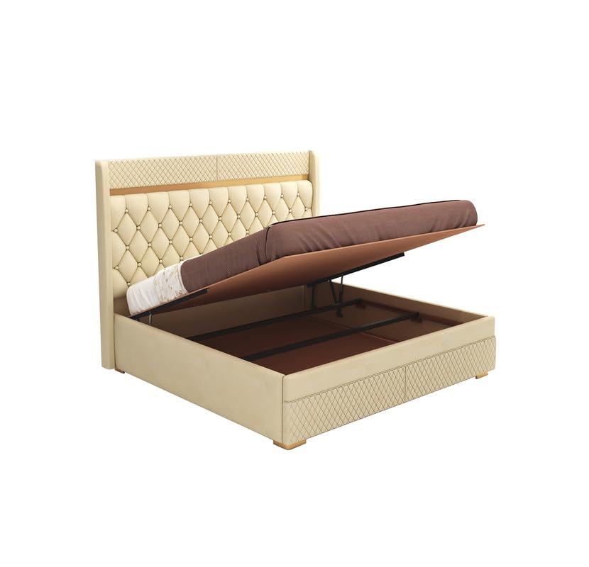 STRATA FURNITUR Sheesham Wood King Size Bed with Hydraulic Box Storage and Upholstery Tufted Headboard | Wooden Double Bed Cot Palang Furniture for Bedroom, Hotels, Living Room, and Home (Beige)