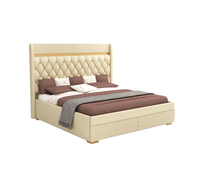 STRATA FURNITUR Sheesham Wood Queen Size Bed with Box Storage and Upholstery Tufted Headboard | Modern Wooden Double Bed Cot Palang Furniture for Bedroom, Hotels, Living Room, and Home (Beige)