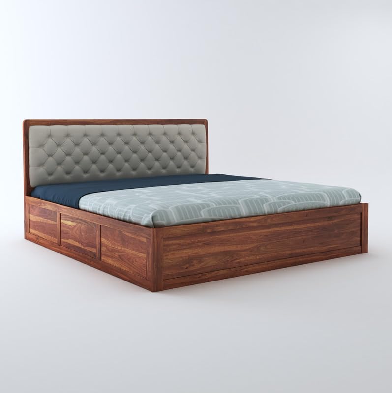 STRATA FURNITURE Sheesham Wood King Size Bed with Hydraulic and Cushion Headboard Storage for Living Room Home Bedroom Wooden Double Bed Cot Palang Furniture (Honey Finish)