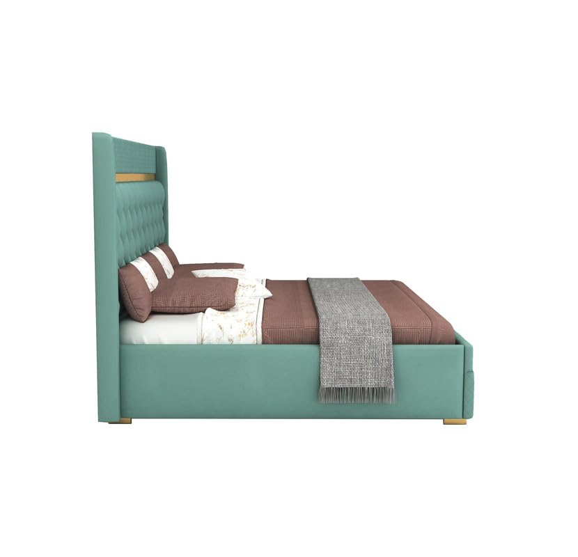 STRATA FURNITUR Sheesham Wood Queen Size Bed with Hydraulic Box Storage and Upholstery Tufted Headboard | Wooden Double Bed Cot Palang Furniture for Bedroom, Hotels, Living Room, and Home (Greendust)