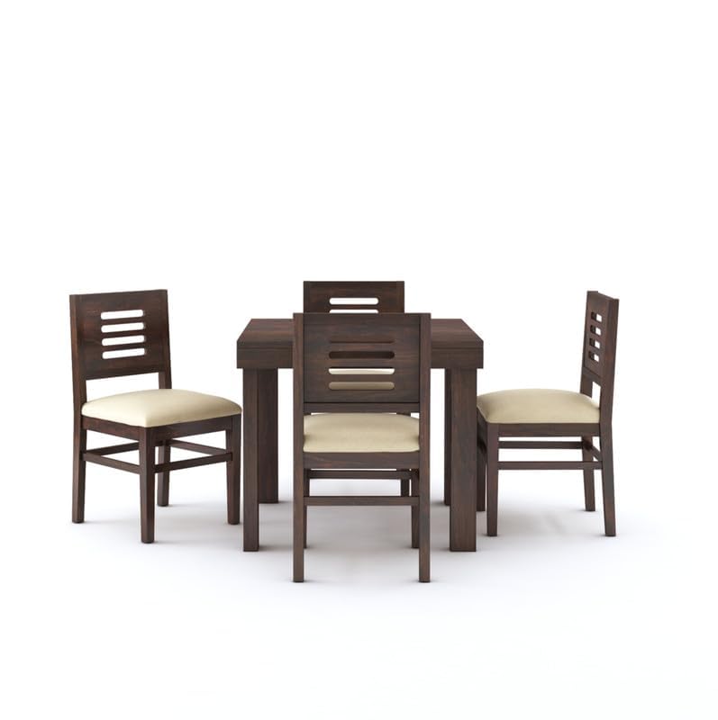 STRATA FURNITURE Solid Sheesham Wood 4 Seater Dining Table Set with Cushioned Chairs - 4 Chairs and 1 Table Dining Set for Dining Room Living Room Home Office Hotels Restaurant (Walnut Finish)