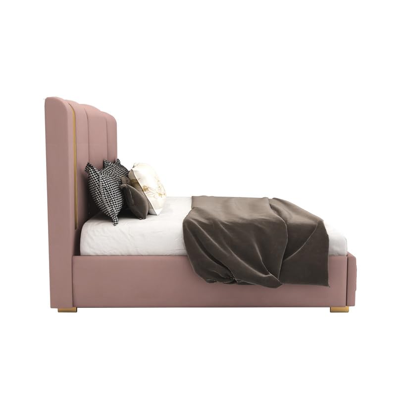 STRATA FURNITUR Sheesham Wood Queen Size Platfrom Bed with Box Storage and Upholstered Headboard | Modern Wooden Double Bed Cot Palang Furniture for Bedroom, Hotel, Living Room, and Home (Onion Pink)