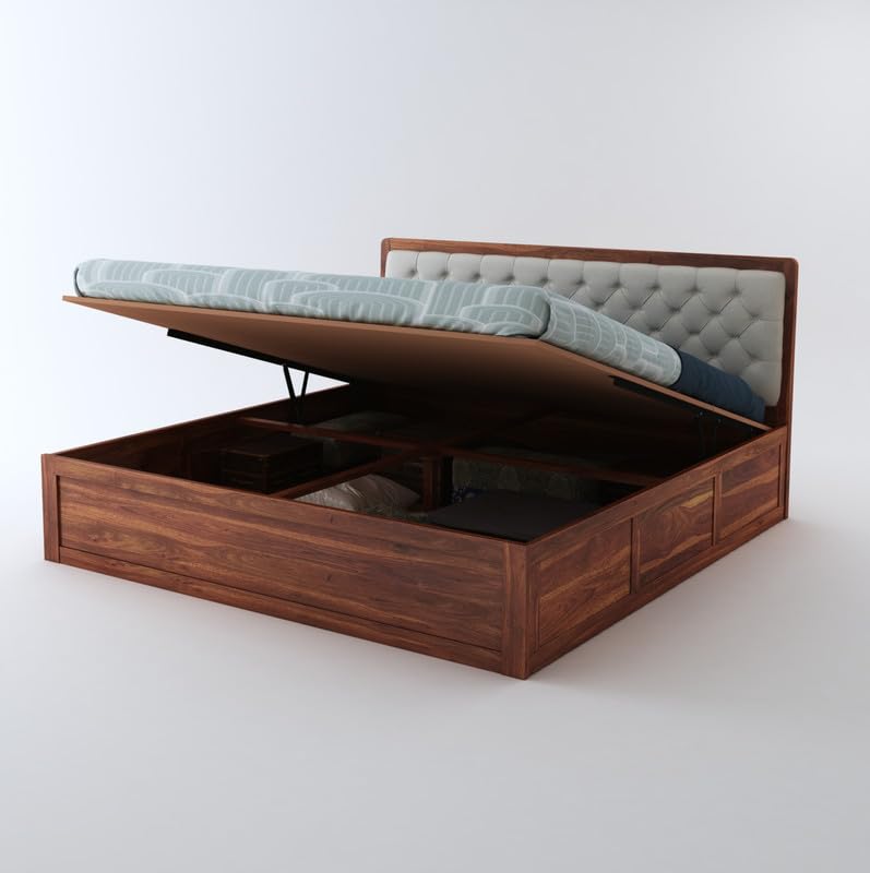 STRATA FURNITURE Sheesham Wood King Size Bed with Hydraulic and Cushion Headboard Storage for Living Room Home Bedroom Wooden Double Bed Cot Palang Furniture (Honey Finish)