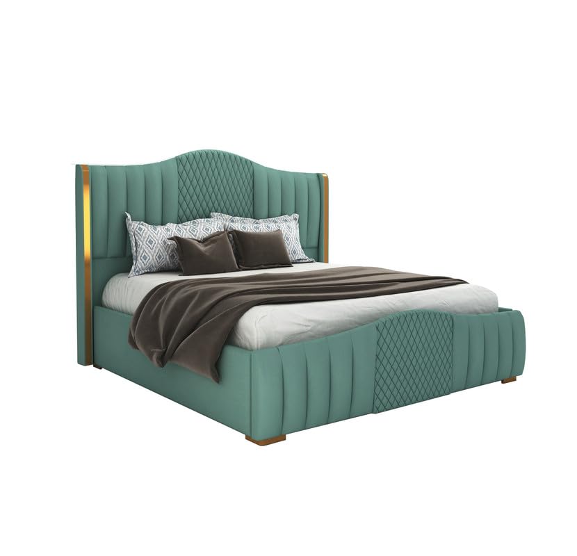 STRATA FURNITUR Sheesham Wood Queen Size Platfrom Bed with Box Storage and Upholstered Headboard | Stylish Wooden Double Bed Cot Palang Furniture for Bedroom, Hotel, Living Room, and Home (Greendust)