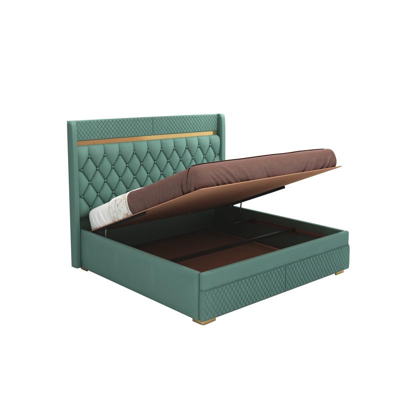 STRATA FURNITUR Sheesham Wood Queen Size Bed with Hydraulic Box Storage and Upholstery Tufted Headboard | Wooden Double Bed Cot Palang Furniture for Bedroom, Hotels, Living Room, and Home (Greendust)
