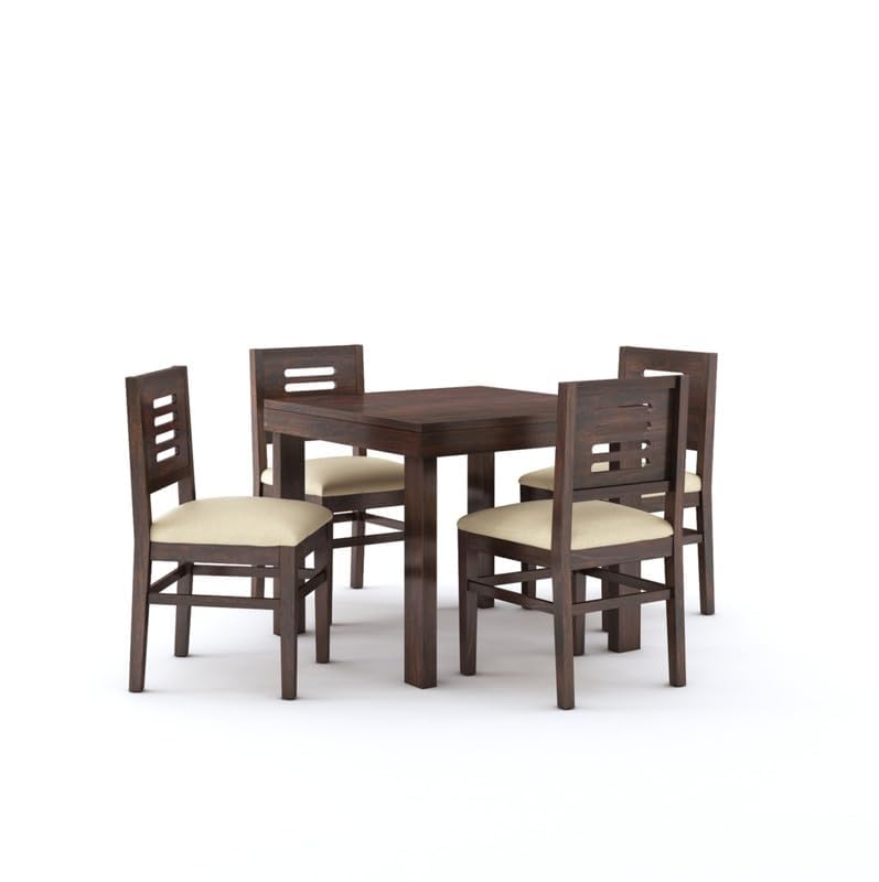 STRATA FURNITURE Solid Sheesham Wood 4 Seater Dining Table Set with Cushioned Chairs - 4 Chairs and 1 Table Dining Set for Dining Room Living Room Home Office Hotels Restaurant (Walnut Finish)