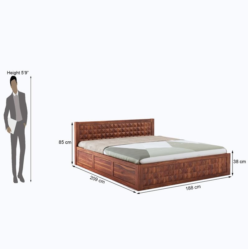 STRATA FURNITURE Sheesham Wood Diamond King Size Bed with Box Storage and Headboard for Bedroom Living Room Home Wooden Double Bed Cot Palang Furniture (Honey Finish)