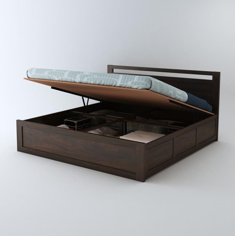 STRATA FURNITURE Sheesham Wood Queen Size Bed with Hydraulic Storage for Home Living Room Bedroom Wooden Double Bed Cot Palang Furniture (Walnut Finish)