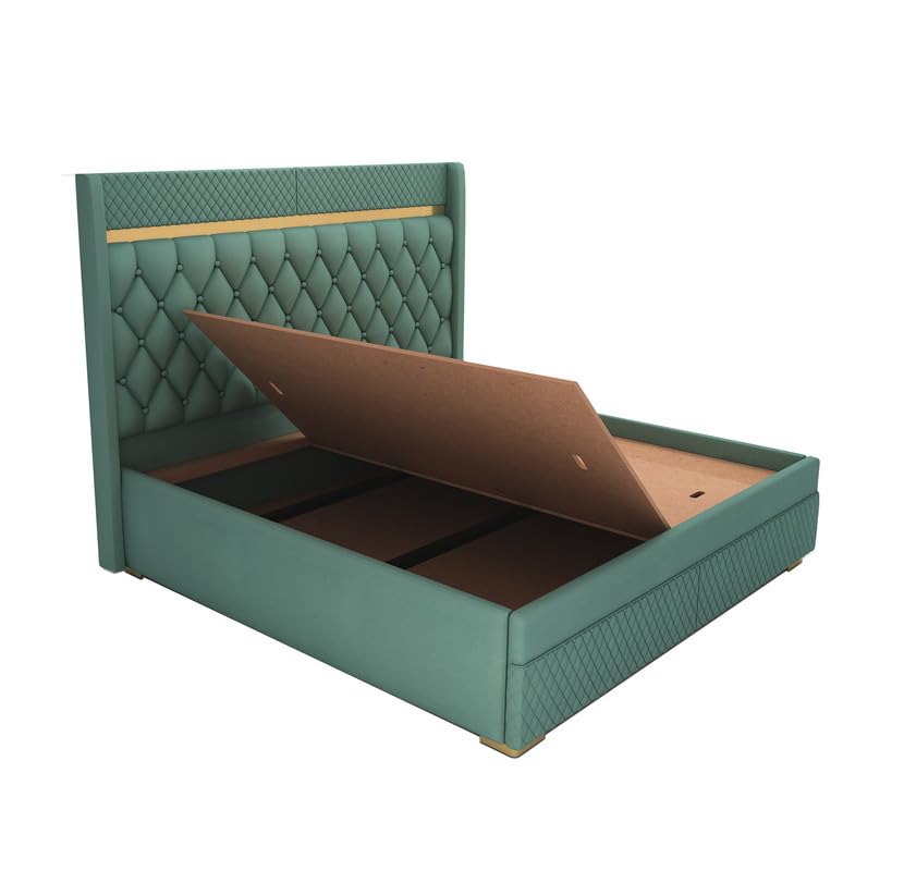 STRATA FURNITUR Sheesham Wood Queen Size Bed with Box Storage and Upholstery Tufted Headboard | Modern Wooden Double Bed Cot Palang Furniture for Bedroom, Hotels, Living Room, and Home (Greendust)