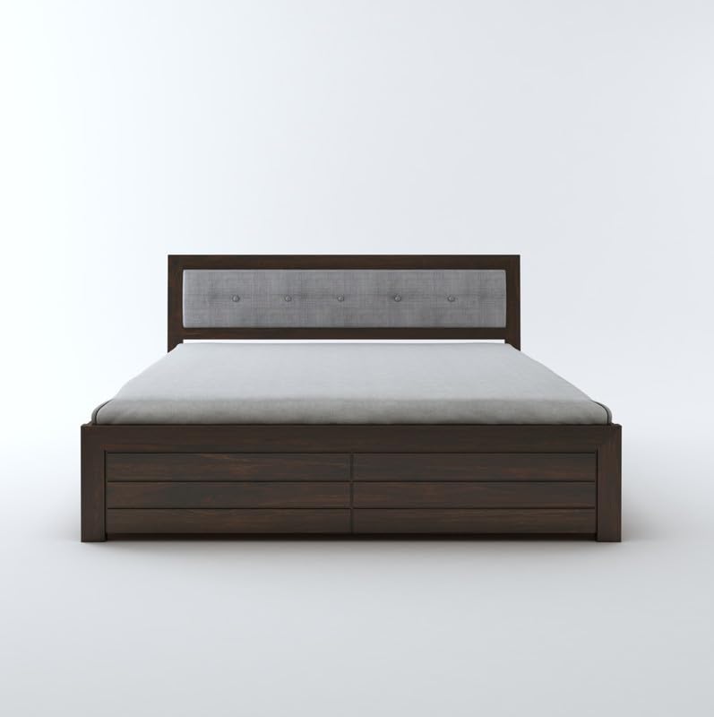 STRATA FURNITURE Sheesham Wood Queen Size Bed with Hydraulic Storage and Cushion Headboard for Living Room Bedroom Home Wooden Double Bed Cot Palang Furniture (Walnut Finish)