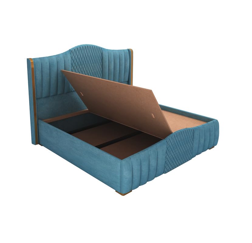 STRATA FURNITUR Sheesham Wood Queen Size Platfrom Bed with Box Storage and Upholstered Headboard | Stylish Wooden Double Bed Cot Palang Furniture for Bedroom, Hotels, Living Room, and Home (Blue)