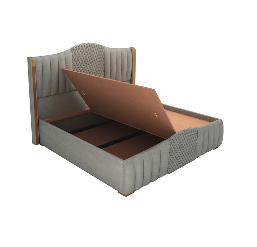 STRATA FURNITUR Sheesham Wood Queen Size Platfrom Bed with Box Storage and Upholstered Headboard | Stylish Wooden Double Bed Cot Palang Furniture for Bedroom, Hotels, Living Room, and Home (Grey)
