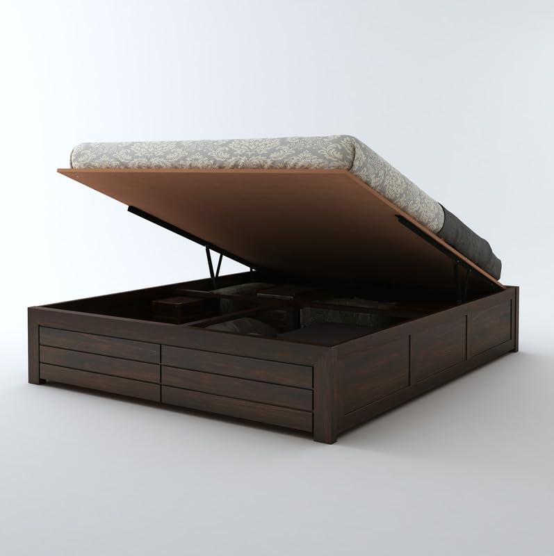STRATA FURNITURE Sheesham Wood King Size Bed with Hydraulic Storage for Living Room Bedroom Home Wooden Double Bed Cot Palang Furniture (Walnut Finish)