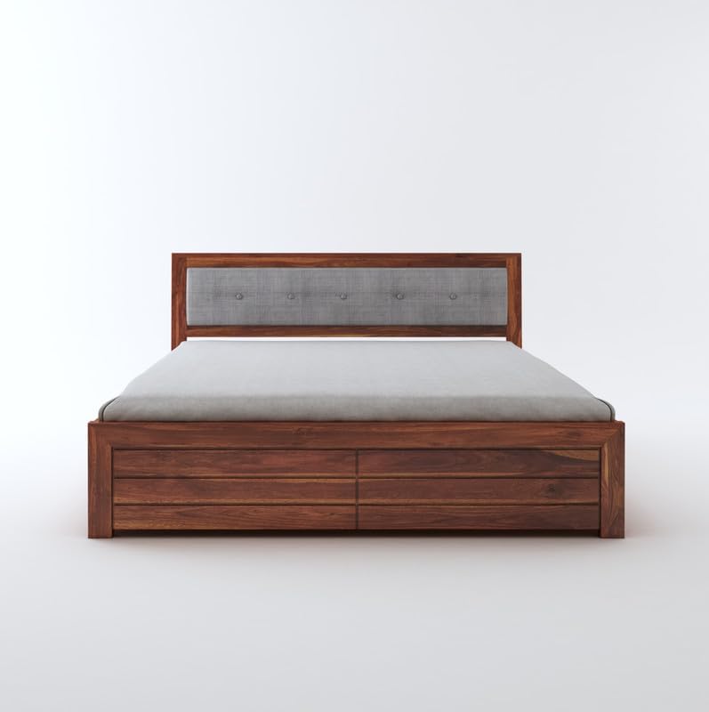 STRATA FURNITURE Sheesham Wood Queen Size Bed with Hydraulic Storage and Cushion Headboard Wooden Double Bed Cot Palang for Living Room Bedroom Home (Honey Finish)