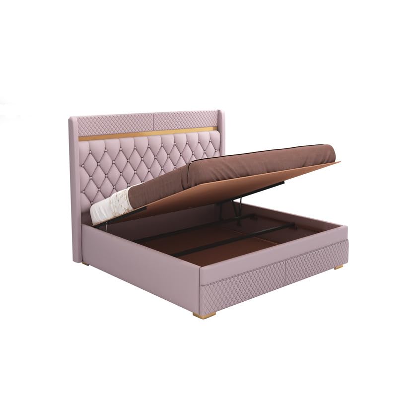 STRATA FURNITUR  Sheesham Wood Queen Size Bed with Hydraulic Box Storage and Upholstery Tufted Headboard | Wooden Double Bed Cot Palang Furniture for Bedroom, Hotels, Living Room, Home (Light Purple)