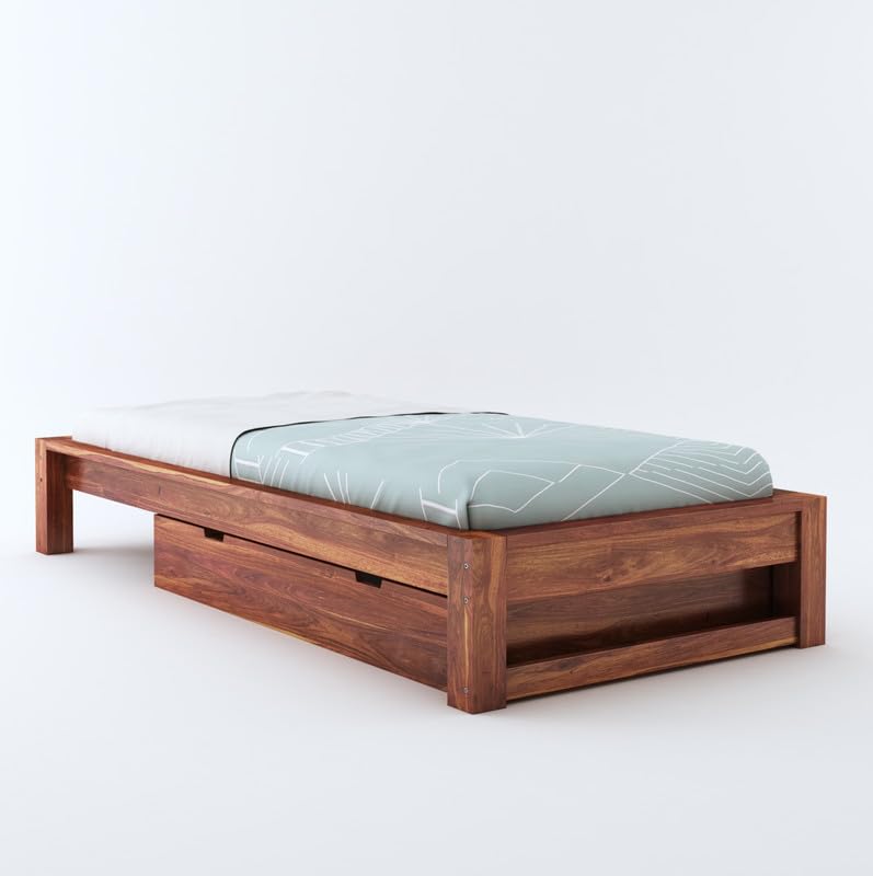 STRATA FURNITURE Sheesham Wood Single Size Bed with Drawer Storage for Bedroom Living Room Home Wooden Palang Bed (Honey Finish)