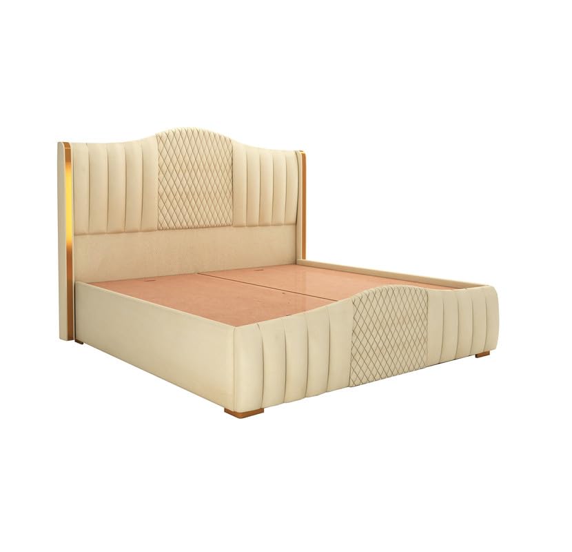 STRATA FURNITUR Sheesham Wood Queen Size Platfrom Bed with Box Storage and Upholstered Headboard | Stylish Wooden Double Bed Cot Palang Furniture for Bedroom, Hotels, Living Room, and Home (Beige)