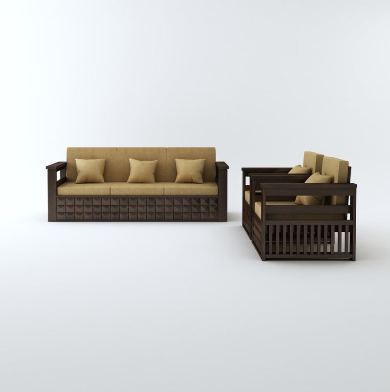 STRATA FURNITURE Sheesham Wood 5 Seater Sofa Set for Living Room Home Office Solid Wooden 3+1+1 Seater Sofa Set Furniture (Walnut Finish)