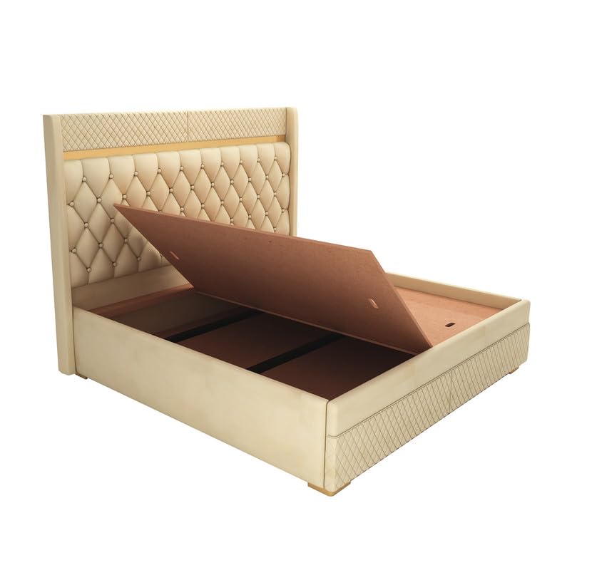 STRATA FURNITUR Sheesham Wood Queen Size Bed with Box Storage and Upholstery Tufted Headboard | Modern Wooden Double Bed Cot Palang Furniture for Bedroom, Hotels, Living Room, and Home (Beige)