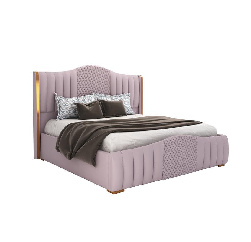 STRATA FURNITUR Sheesham Wood Queen Size Platfrom Bed with Box Storage and Upholstered Headboard | Stylish Wooden Double Bed Cot Palang Furniture for Bedroom, Hotels, Living Room, Home (Light Purple)