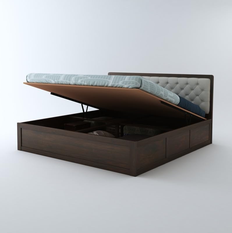 STRATA FURNITURE Sheesham Wood Queen Size Bed with Hydraulic and Cushion Headboard Storage for Living Room Home Bedroom | Wooden Double Bed Cot Palang Furniture (Honey Finish)