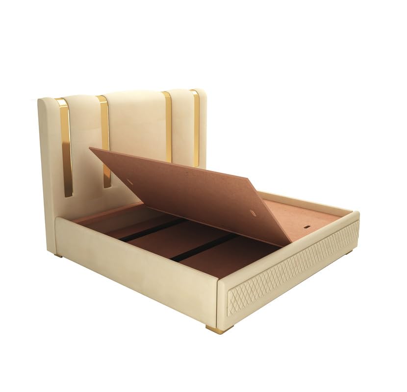 STRATA FURNITUR Sheesham Wood Queen Size Platfrom Bed with Box Storage and Upholstered Headboard | Modern Wooden Double Bed Cot Palang Furniture for Bedroom, Hotels, Living Room, and Home (Beige)