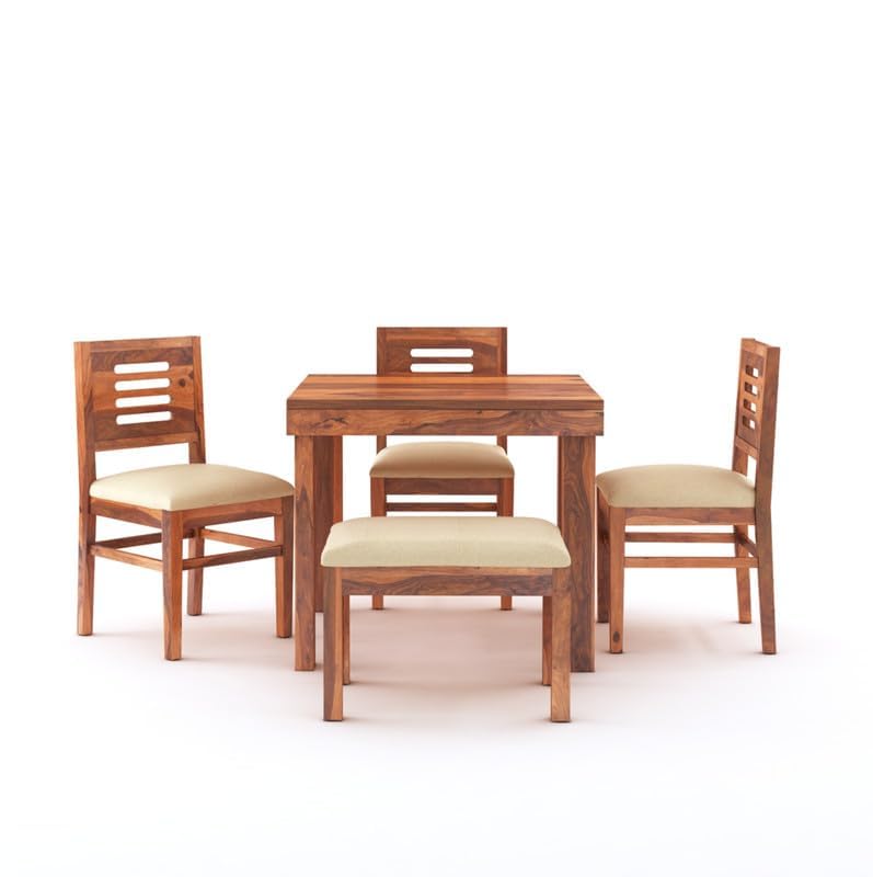 STRATA FURNITURE Solid Sheesham Wood 4 Seater Dining Table Set with Cushioned Chairs - 3 Chairs, 1 Bench and 1 Table Dining Set For Dining Room Living Room Home Office Hotels Restaurant (Honey Finish)