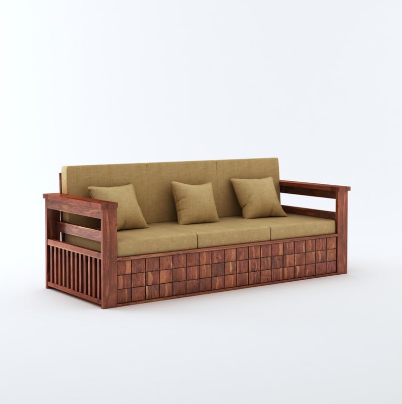 STRATA FURNITURE Sheesham Wood 3 Seater Sofa Set for Living Room Home Office Solid Wooden Three Seater Sofa Set Furniture (Honey Finish)