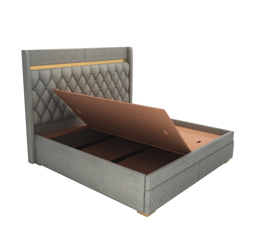 STRATA FURNITUR Sheesham Wood Queen Size Bed with Box Storage and Upholstery Tufted Headboard | Modern Wooden Double Bed Cot Palang Furniture for Bedroom, Hotels, Living Room, and Home (Grey)