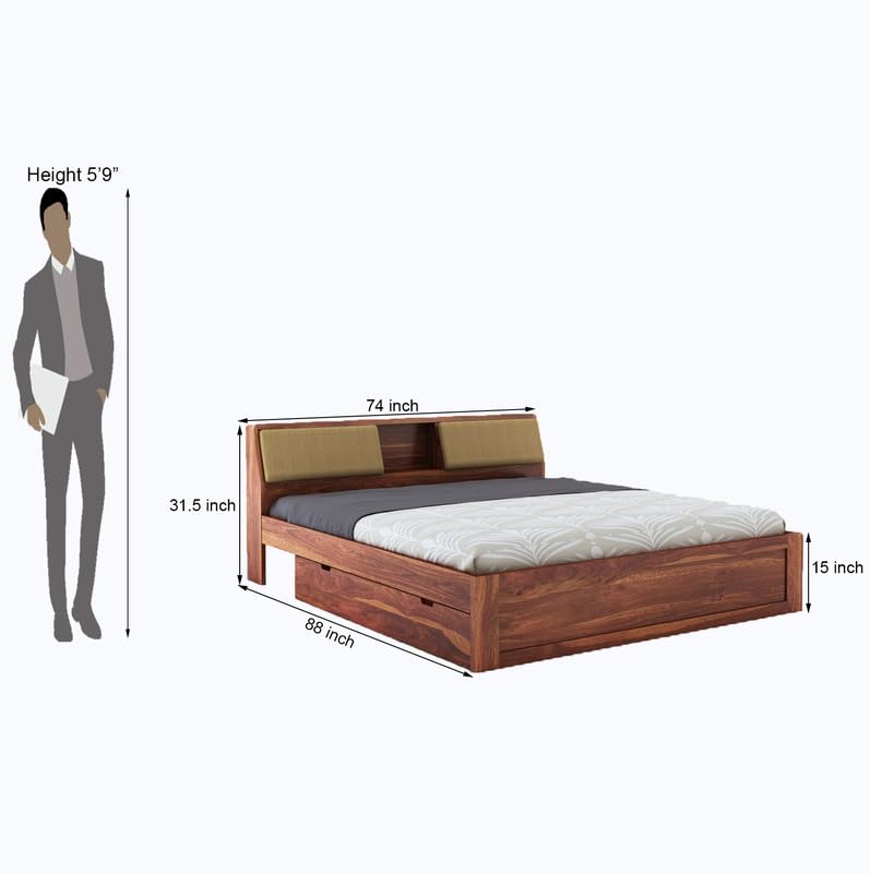 STRATA FURNITURE Sheesham Wood King Size Bed with Drawer and Headboard Storage for Bedroom Living Room Home Wooden Double Bed Cot Palang Furniture (Honey Finish)