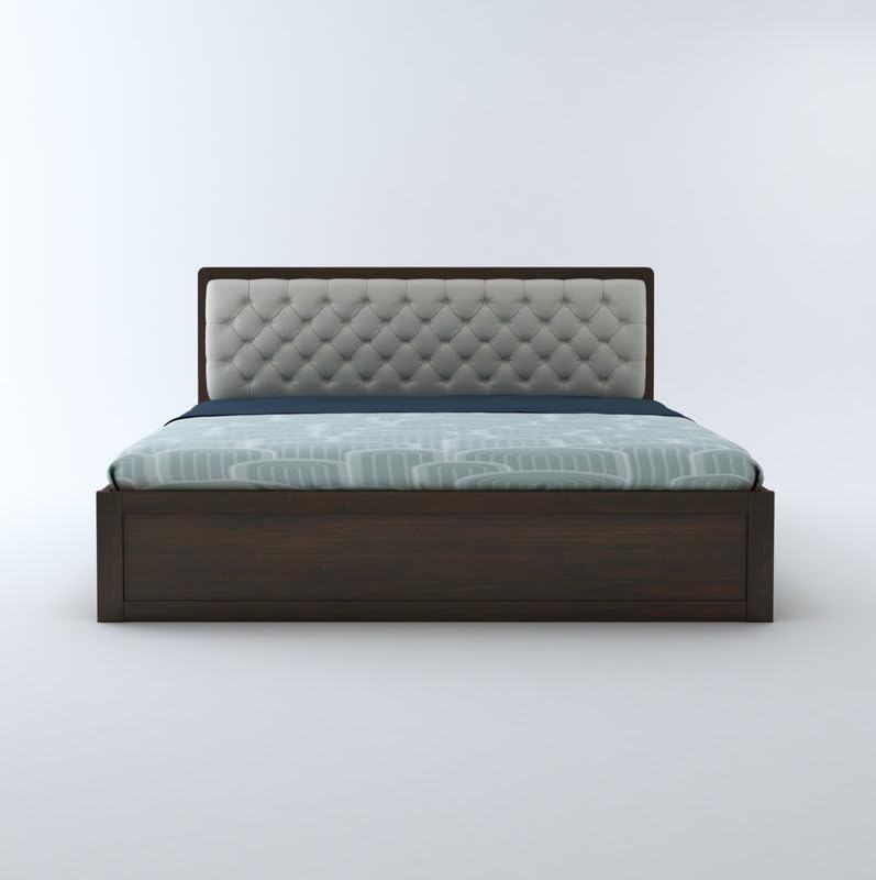 STRATA FURNITURE Sheesham Wood Queen Size Bed with Hydraulic and Cushion Headboard Storage for Living Room Home Bedroom | Wooden Double Bed Cot Palang Furniture (Honey Finish)