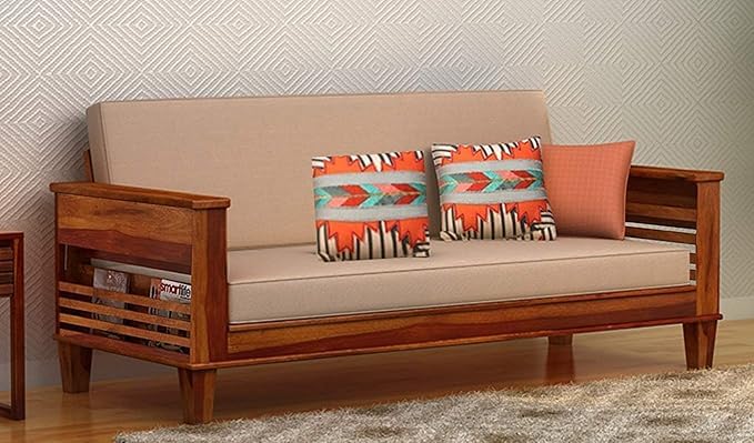 STRATA FURNITURE Sheesham Wood 3 Seater Sofa Set for Living Room Office Home Wooden Sofa Cum Bed with Side Magzine Newspaper Holder (Honey Finish)