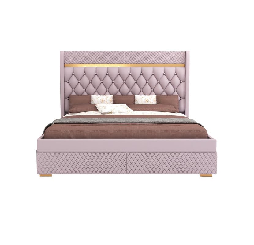 STRATA FURNITUR Sheesham Wood Queen Size Bed with Box Storage and Upholstery Tufted Headboard | Modern Wooden Double Bed Cot Palang Furniture for Bedroom, Hotels, Living Room, Home (Light Purple)