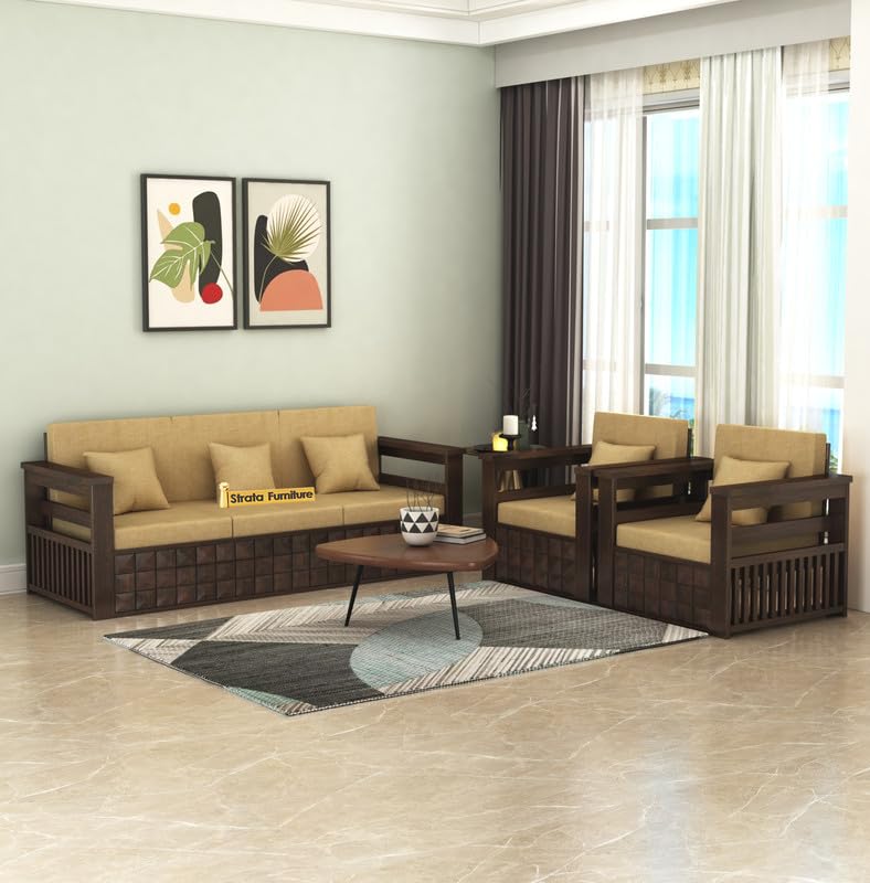 STRATA FURNITURE Sheesham Wood 5 Seater Sofa Set for Living Room Home Office Solid Wooden 3+1+1 Seater Sofa Set Furniture (Walnut Finish)