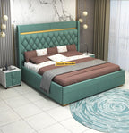 STRATA FURNITUR Sheesham Wood Queen Size Bed with Box Storage and Upholstery Tufted Headboard | Modern Wooden Double Bed Cot Palang Furniture for Bedroom, Hotels, Living Room, and Home (Greendust)
