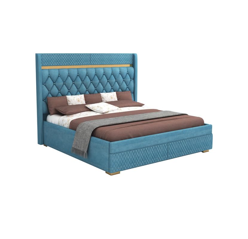 STRATA FURNITUR Sheesham Wood Queen Size Bed with Hydraulic Box Storage and Upholstery Tufted Headboard | Wooden Double Bed Cot Palang Furniture for Bedroom, Hotels, Living Room, and Home (Blue)