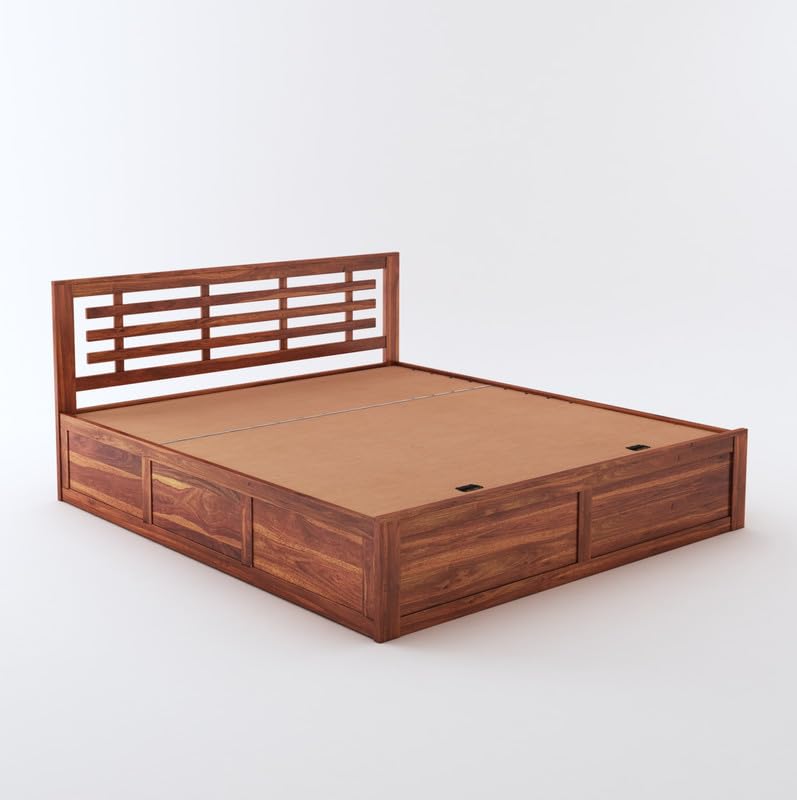 STRATA FURNITURE Sheesham Wood King Size Bed with Hydraulic Storage and Headboard for Bedroom Living Room Home | Wooden Double Bed Cot Palang Furniture (Honey Finish)