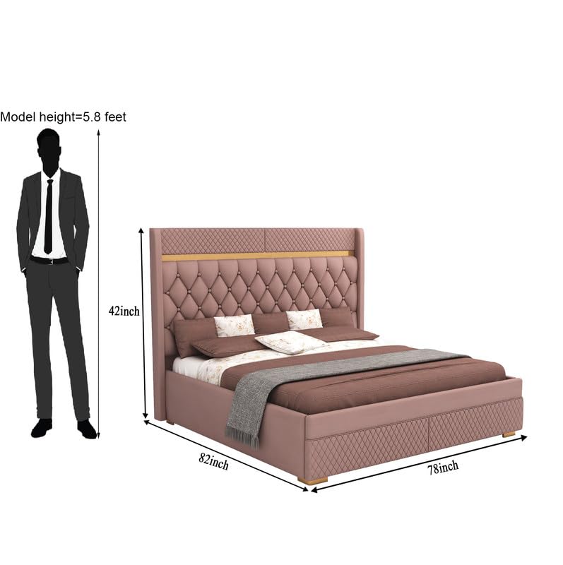 STRATA FURNITUR Sheesham Wood King Size Bed with Box Storage and Upholstery Tufted Headboard | Modern Wooden Double Bed Cot Palang Furniture for Bedroom, Hotels, Living Room, and Home (Onion Pink)