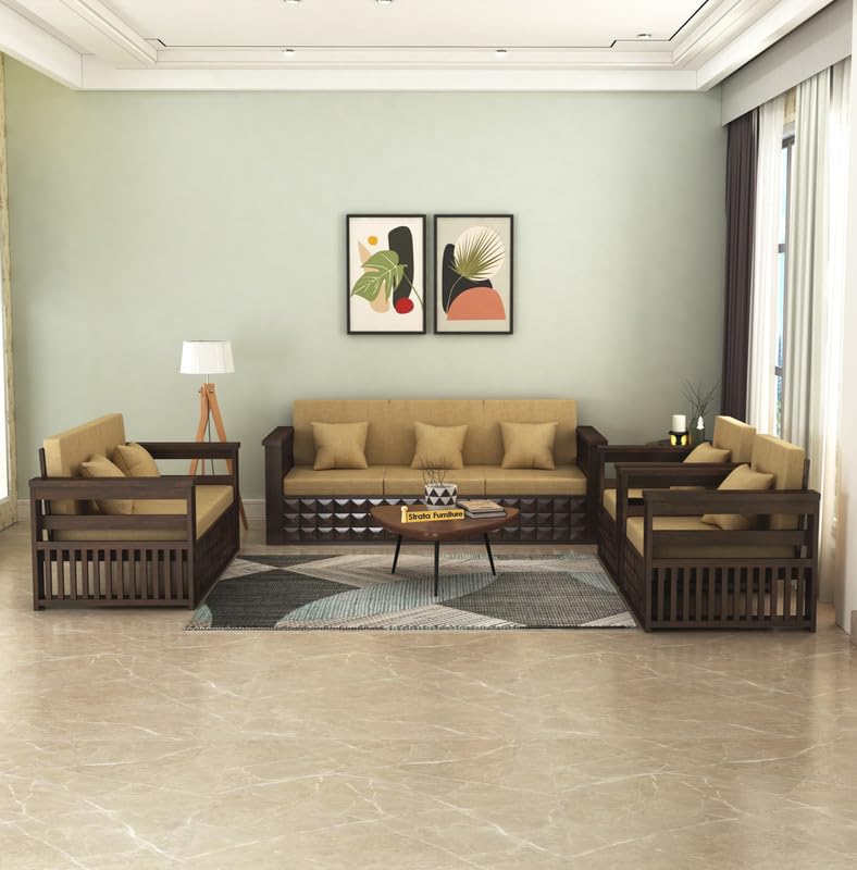 STRATA FURNITURE Sheesham Wood 7 Seater Sofa Set for Living Room Home Office Solid Wooden 3+2+1+1 Seater Sofa Set Furniture (Walnut Finish)