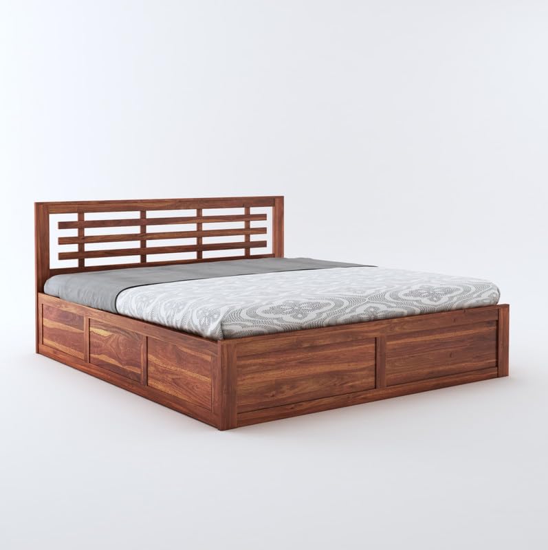 STRATA FURNITURE Sheesham Wood King Size Bed with Hydraulic Storage and Headboard for Bedroom Living Room Home | Wooden Double Bed Cot Palang Furniture (Honey Finish)