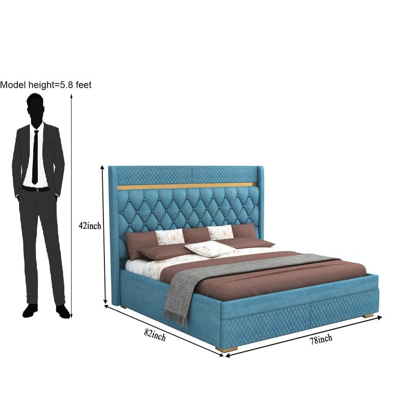 STRATA FURNITURE Sheesham Wood King Size Bed with Box Storage and Upholstery Tufted Headboard | Modern Wooden Double Bed Cot Palang Furniture for Bedroom, Hotels, Living Room, and Home (Blue)