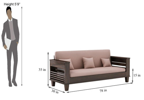 STRATA FURNITURE Sheesham Wood 3-Person Sofa Set for Living Room Office Home Wooden Sofa Cum Bed with Side Magzine Newspaper Holder (Walnut Finish)