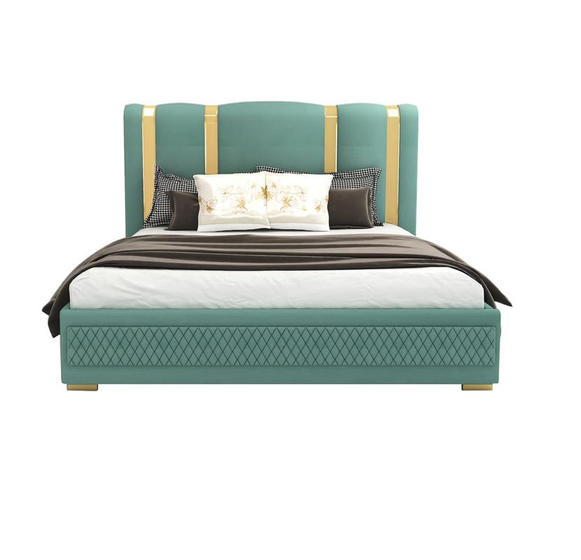 STRATA FURNITUR Sheesham Wood Queen Size Platfrom Bed with Box Storage and Upholstered Headboard | Modern Wooden Double Bed Cot Palang Furniture for Bedroom, Hotels, Living Room, and Home (Greendust)