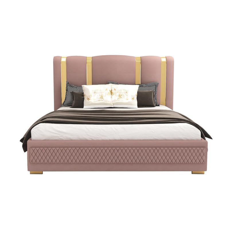 STRATA FURNITUR Sheesham Wood Queen Size Platfrom Bed with Box Storage and Upholstered Headboard | Modern Wooden Double Bed Cot Palang Furniture for Bedroom, Hotel, Living Room, and Home (Onion Pink)