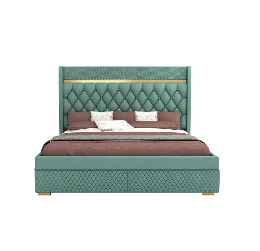 STRATA FURNITUR Sheesham Wood Queen Size Bed with Box Storage and Upholstery Tufted Headboard | Modern Wooden Double Bed Cot Palang Furniture for Bedroom, Hotels, Living Room, and Home (Greendust)