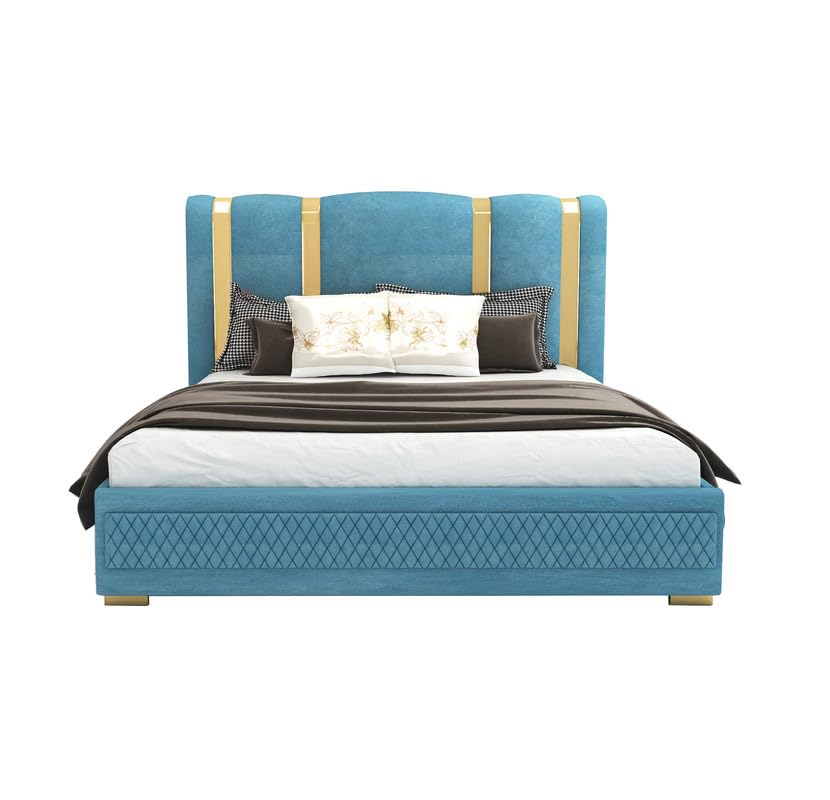 STRATA FURNITUR Sheesham Wood Queen Size Platfrom Bed with Box Storage and Upholstered Headboard | Modern Wooden Double Bed Cot Palang Furniture for Bedroom, Hotels, Living Room, and Home (Blue)