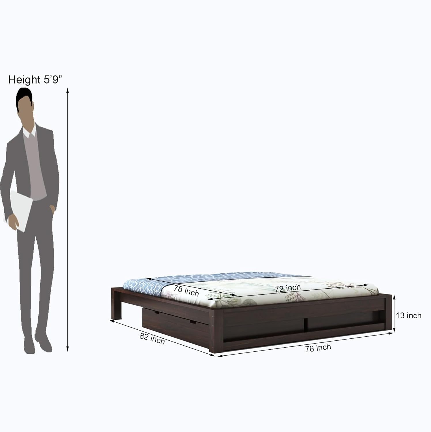 STRATA FURNITURE Solid Sheesham Wood Low Height Platform King Size Bed with Storage for Bedroom Wooden Double Bed (Walnut Finish)