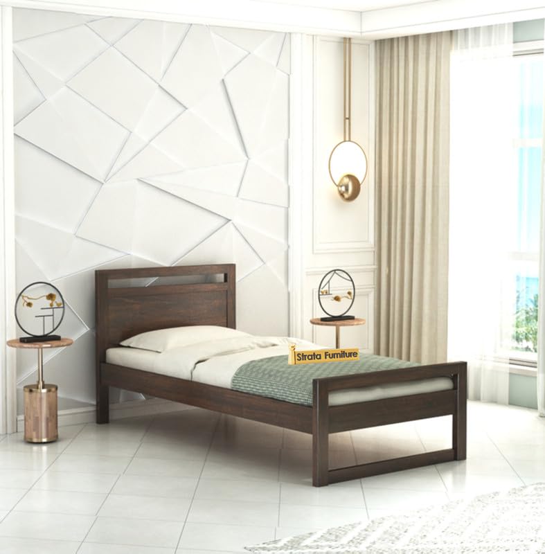 STRATA FURNITURE Sheesham Wood Single Size Bed Without Storage for Bedroom Living Room Home Wooden Headboard Palang Bed (Walnut Finish)