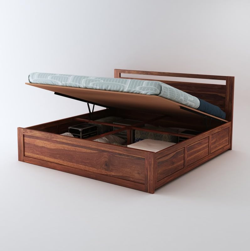 STRATA FURNITURE Sheesham Wood Queen Size Bed with Hydraulic Storage for Home Living Room Bedroom Wooden Double Bed Cot Palang Furniture (Honey Finish)