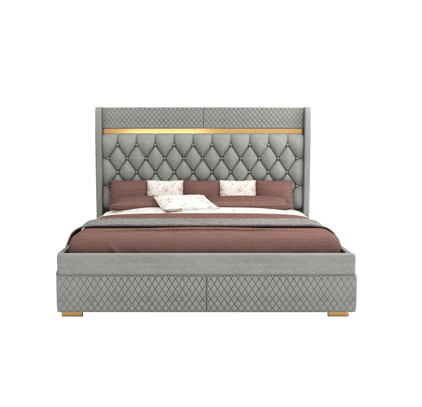 STRATA FURNITURE Sheesham Wood King Size Bed with Box Storage and Upholstery Tufted Headboard | Modern Wooden Double Bed Cot Palang Furniture for Bedroom, Hotels, Living Room, and Home (Grey)